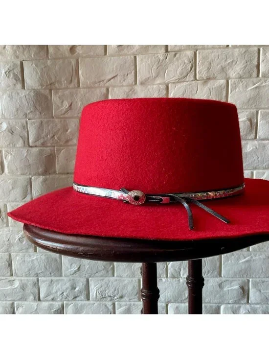 VIntage Red 100% Wool Felt Western Hat Silver Concho Hatband - Picture 2 of 11